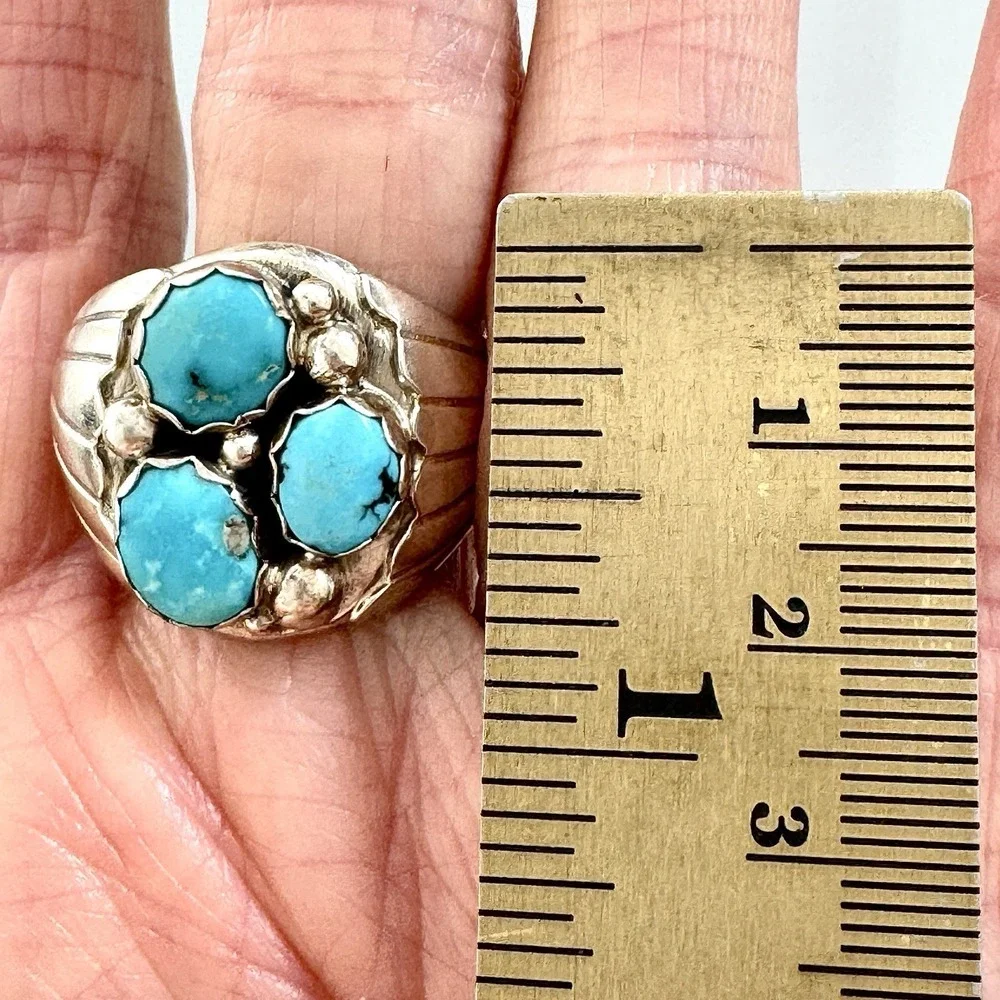 Navajo Three Stone Turquoise Ring Sz 13.5 Signed Spencer Fans 22mm Band Mens